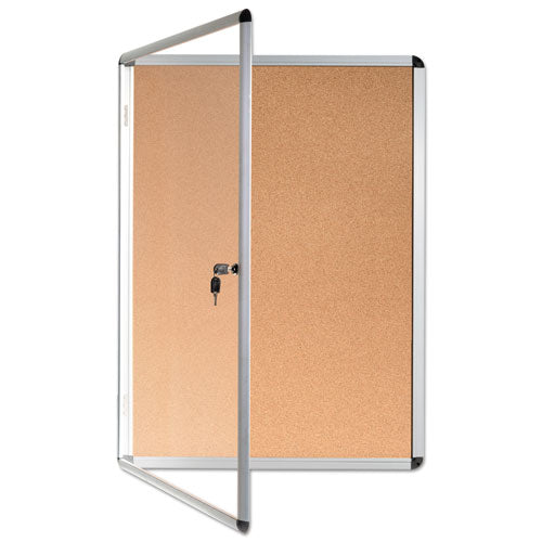 Image of MasterVision® VT630101690 Slim-Line Enclosed Cork Bulletin Board with One Door, 28" x 38", Tan Surface, Satin Aluminum Frame