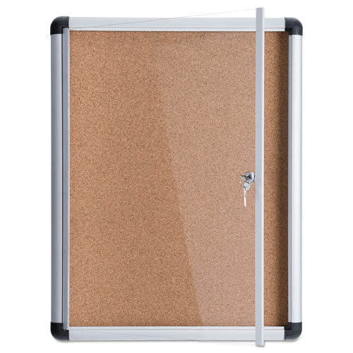 Image of MasterVision® VT630101690 Slim-Line Enclosed Cork Bulletin Board with One Door, 28" x 38", Tan Surface, Satin Aluminum Frame