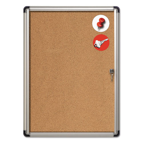 Image of MasterVision® VT630101690 Slim-Line Enclosed Cork Bulletin Board with One Door, 28" x 38", Tan Surface, Satin Aluminum Frame