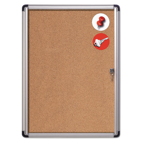 Image of MasterVision® VT630101690 Slim-Line Enclosed Cork Bulletin Board with One Door, 28" x 38", Tan Surface, Satin Aluminum Frame