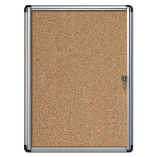 Image of MasterVision® VT630101690 Slim-Line Enclosed Cork Bulletin Board with One Door, 28" x 38", Tan Surface, Satin Aluminum Frame