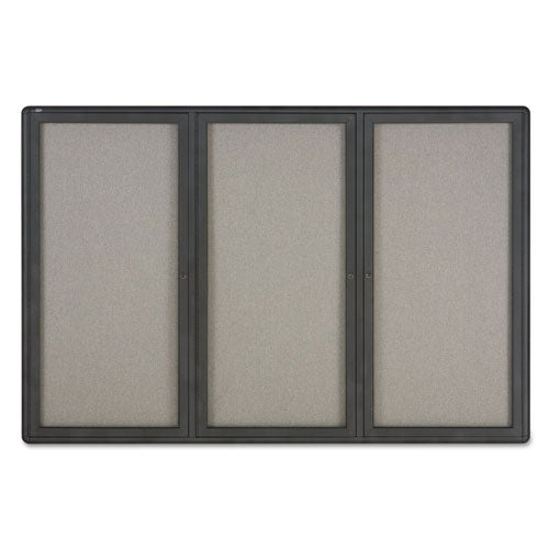 Image of Quartet® 2367L Enclosed Indoor Fabric Bulletin Board with Three Hinged Doors, 72" x 48", Gray Surface, Graphite Gray Aluminum Frame