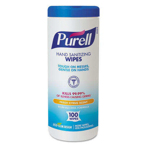 Image of PURELL® 9111-12 Premoistened Hand Sanitizing Wipes, Cloth, 5.75 x 7, Fresh Citrus, White, 100/Canister