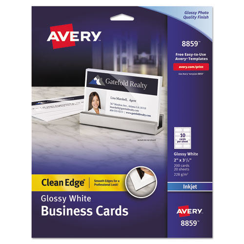 Image of Avery® 08859 True Print Premium Clean Edge Business Cards, Inkjet, 2 x 3.5, Glossy White, 10 Cards Sheet, 20 Sheets/Pack