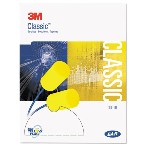 Image of 3M 311-1101 E-A-RClassic Earplugs, Corded, 29 dB NRR, One Size Fits Most, Yellow Cylindrical Plugs, 200 Pairs/Box