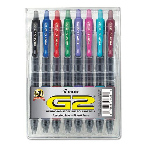 Image of Pilot® 31128 G2 Premium Gel Pen, Retractable, Fine 0.7 Mm, Assorted Ink And Barrel Colors, 8/pack