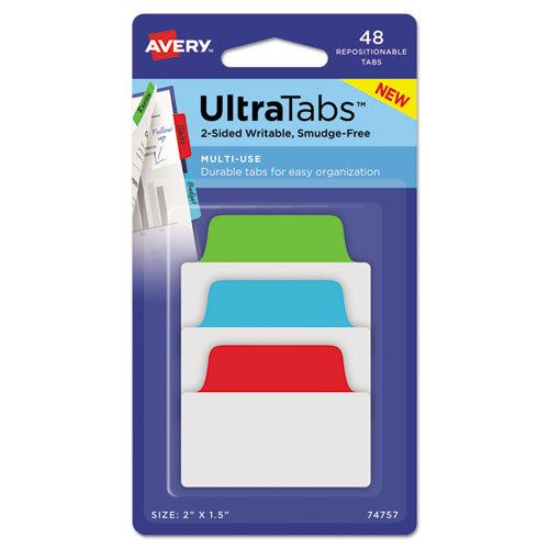 Image of Avery® 74757 Ultra Tabs Repositionable Tabs, Standard: 2" x 1.5", 1/5-Cut, Assorted Colors (Blue, Green and Red), 48/Pack