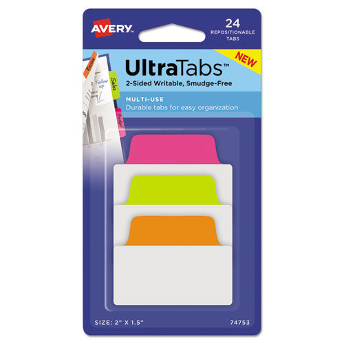 Image of Avery® 74753 Ultra Tabs Repositionable Tabs, Standard: 2" x 1.5", 1/5-Cut, Assorted Neon Colors, 24/Pack