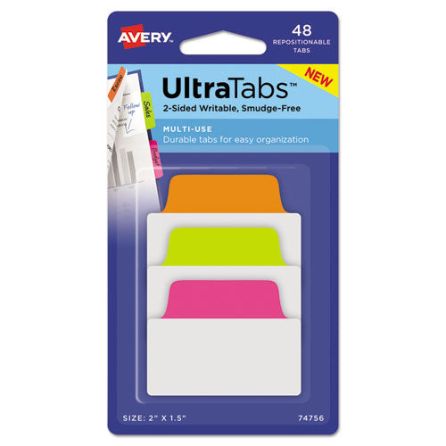 Image of Avery® 74756 Ultra Tabs Repositionable Tabs, Standard: 2" x 1.5", 1/5-Cut, Assorted Neon Colors, 48/Pack
