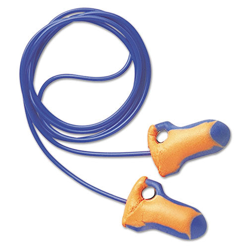 Image of Howard Leight® by Honeywell LT-30 Laser Trak Detectable Single-Use Earplugs, Corded, 32 dB NRR, One Size Fits Most, Orange/Blue Bell/T-Shape Plugs, 100/Box