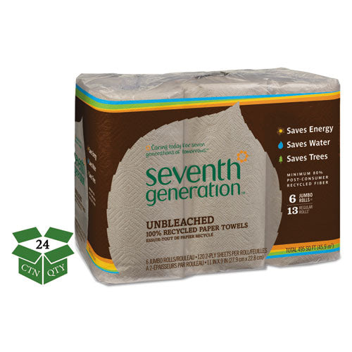 Image of Seventh Generation® SEV 13737 Natural Unbleached 100% Recycled Paper Kitchen Towel Rolls, 2-Ply, 11 x 9, 120/Roll, 24 Rolls/Carton
