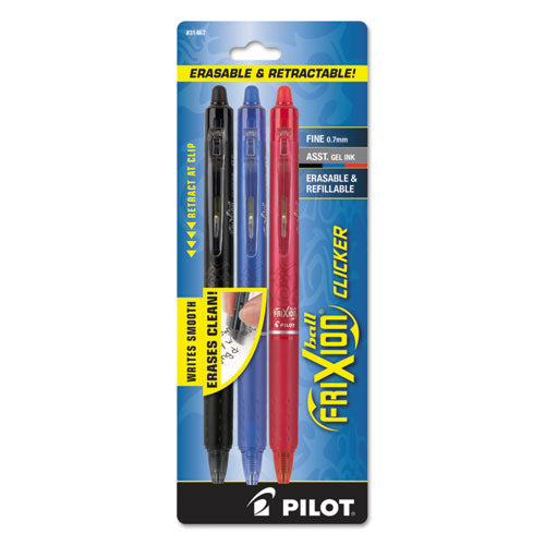 Image of Pilot® 31467 FriXion Clicker Erasable Gel Pen, Retractable, Fine 0.7 mm, Assorted Business Ink and Barrel Colors, 3/Pack