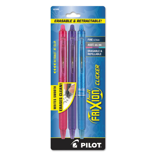 Image of Pilot® 31469 FriXion Clicker Erasable Gel Pen, Retractable, Fine 0.7 mm, Assorted Ink and Barrel Colors, 3/Pack