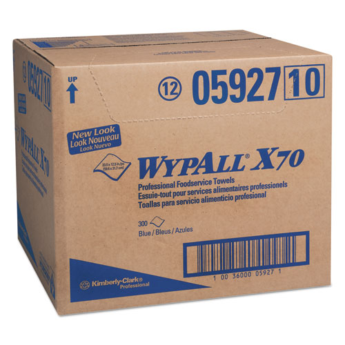 Image of WypAll® 05927 X70 Foodservice Towels, 1/4 Fold, 12.5 x 23.5, Unscented, Blue, 300/Carton