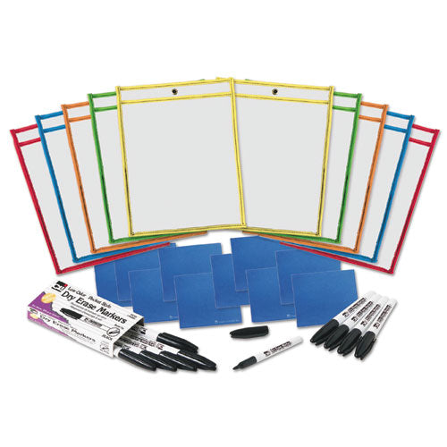 Image of Charles Leonard® 29130 Dry Erase Pocket Class Pack, Heavy-Duty, Side Load 9 x 12 Insert, Clear Front, Assorted Border Colors, 10/Pack