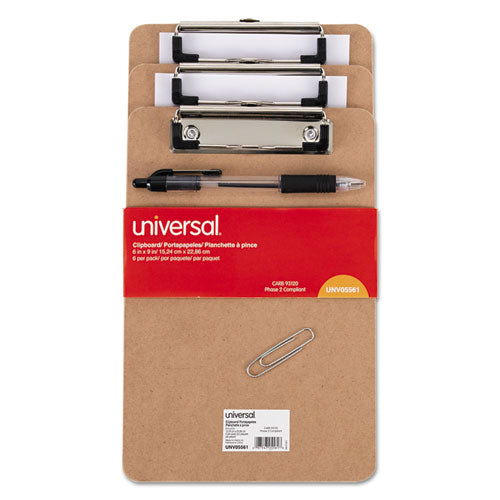 Image of Universal® UNV05561 Hardboard Clipboard with Low-Profile Clip, 0.5" Clip Capacity, Holds 5 x 8 Sheets, Brown, 6/Pack