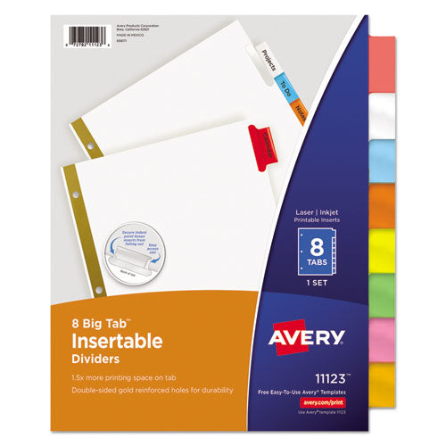 Image of Avery® 11123 Insertable Big Tab Dividers, 8-Tab, Double-Sided Gold Edge Reinforcing, 11 x 8.5, White, Assorted Tabs, 1 Set