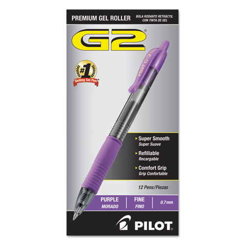 Image of Pilot® 31029 G2 Premium Gel Pen, Retractable, Fine 0.7 mm, Purple Ink, Smoke/Purple Barrel, Dozen