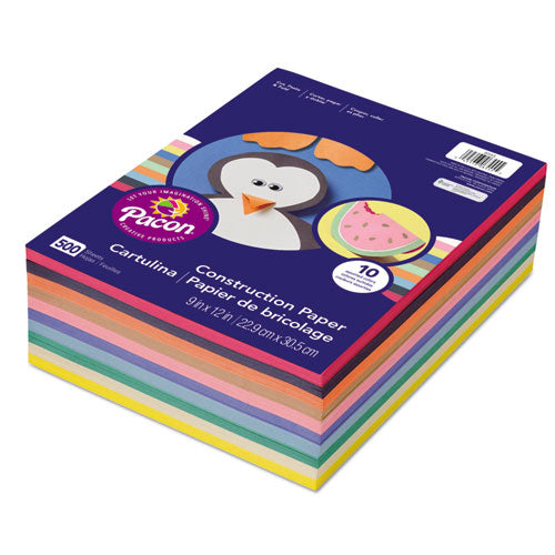 Image of Pacon® P6555 Rainbow Super Value Construction Paper Ream, 45 lb Text, 9 x 12, Assorted, 500 Sheets/Ream