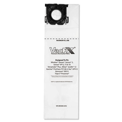 Image of VacFX® VFX-WI5300-3(10) Vacuum Filter Bags Designed to Fit Allstar Javelin 12'' Series/Windsor Sensor S/S2/XP/Veramatic Plus, 100/Carton