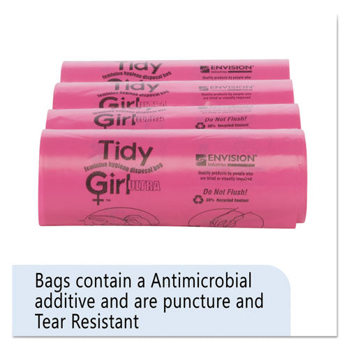 Image of Tidy Girl TG-7514P10 Feminine Hygiene Sanitary Disposal Bags, 4" x 4" x 10", Pink/Black, 150 Bags/Roll, 4 Rolls/Carton