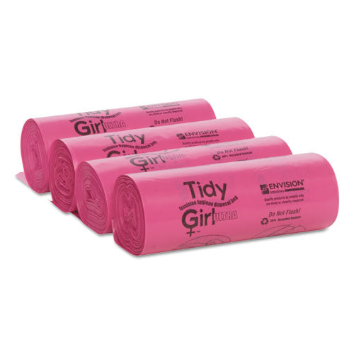 Image of Tidy Girl TG-7514P10 Feminine Hygiene Sanitary Disposal Bags, 4" x 4" x 10", Pink/Black, 150 Bags/Roll, 4 Rolls/Carton