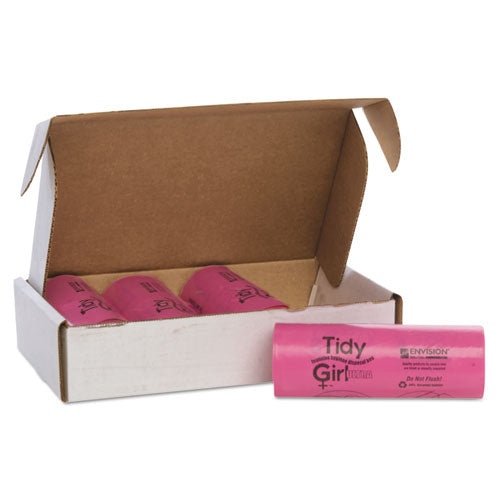 Image of Tidy Girl TG-7514P10 Feminine Hygiene Sanitary Disposal Bags, 4" x 4" x 10", Pink/Black, 150 Bags/Roll, 4 Rolls/Carton