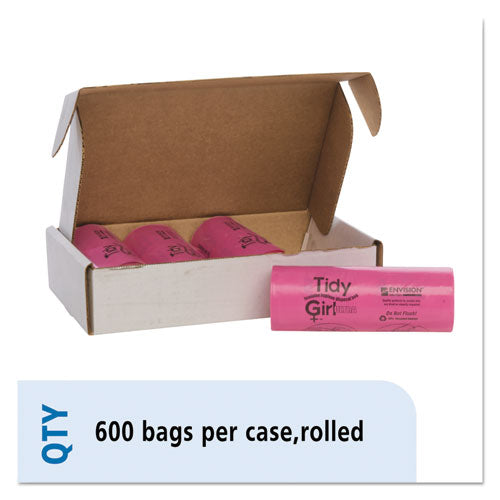 Image of Tidy Girl TG-7514P10 Feminine Hygiene Sanitary Disposal Bags, 4" x 4" x 10", Pink/Black, 150 Bags/Roll, 4 Rolls/Carton