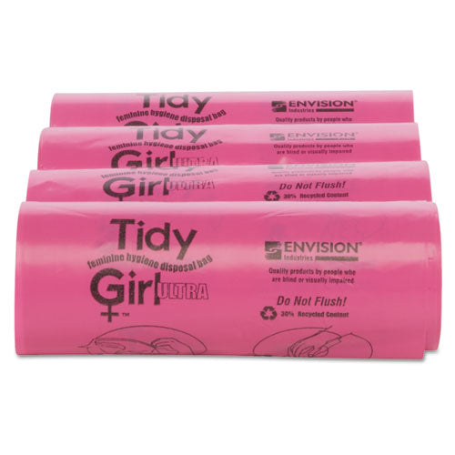 Image of Tidy Girl TG-7514P10 Feminine Hygiene Sanitary Disposal Bags, 4" x 4" x 10", Pink/Black, 150 Bags/Roll, 4 Rolls/Carton
