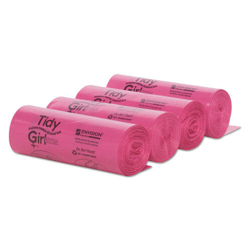 Image of Tidy Girl TG-7514P10 Feminine Hygiene Sanitary Disposal Bags, 4" x 4" x 10", Pink/Black, 150 Bags/Roll, 4 Rolls/Carton