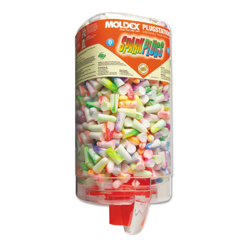 Image of Moldex® 6645 SparkPlugs Single-Use Earplugs with PlugStation Dispenser, 33 dB NRR, Randomly Assorted Color Bullet Plugs, 500 Pairs/Box