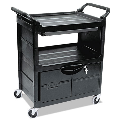 Image of Rubbermaid® Commercial FG345700BLA Utility Cart with Locking Doors, Plastic, 3 Shelves, 200 lb Capacity, 33.63" x 18.63" x 37.75", Black