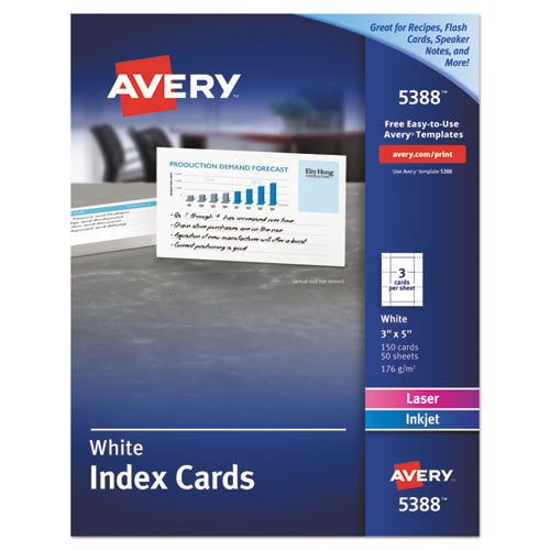 Image of Avery® 05388 Printable Index Cards With Sure Feed, Unruled, Inkjet/laser, 3 X 5, White, 150 Cards, 3 Cards/sheet, 50 Sheets/box