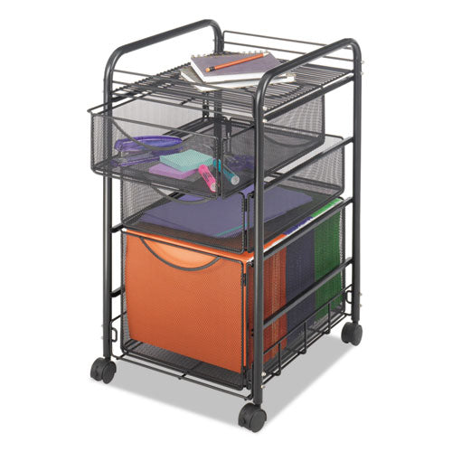 Image of Safco® 5213BL Onyx Mesh Mobile File with Two Supply Drawers, Metal, 1 Shelf, 3 Drawers, 15.75" x 17" x 27", Black
