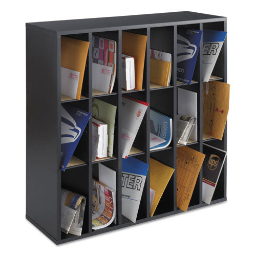 Image of Safco® 7765BL Wood Mail Sorter with Adjustable Dividers, Stackable, 18 Compartments, 33.75 x 12 x 32.75, Black