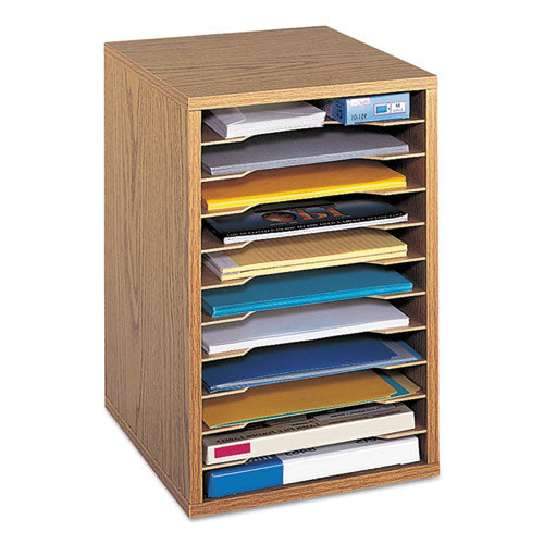Image of SafcoÂ® Wood Vertical Desktop Sorter, 11 Compartments, 10.63 x 11.88 x 16, Medium Oak
