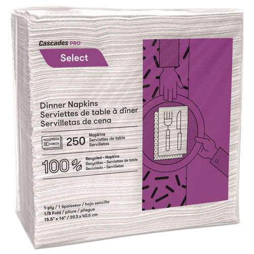 Image of Cascades PRO N050 Select Dinner Napkins, 1-Ply, 16 x 15, White, 250/Pack, 12/Carton