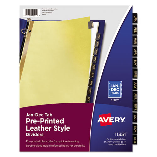 Image of Avery® 11351 Preprinted Black Leather Tab Dividers w/Gold Reinforced Edge, 12-Tab, Jan. to Dec., 11 x 8.5, Buff, 1 Set