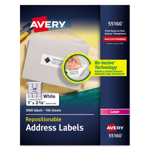 Image of Avery® 55160 Repositionable Address Labels w/SureFeed, Laser, 1 x 2.63, White, 3000/Box