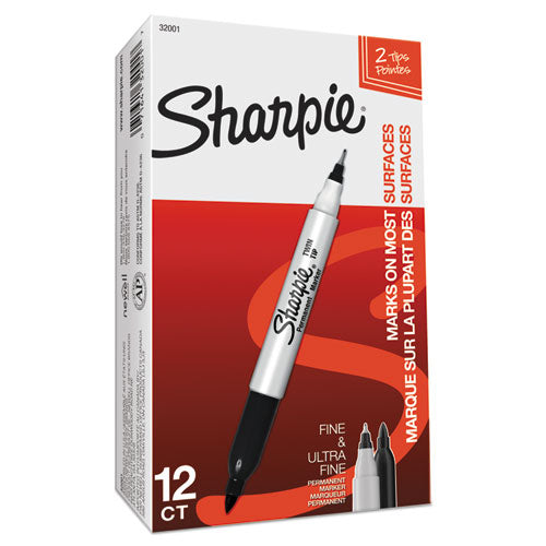 Image of Sharpie® 32001 Twin-Tip Permanent Marker, Extra-Fine/fine Bullet Tips, Black, Dozen