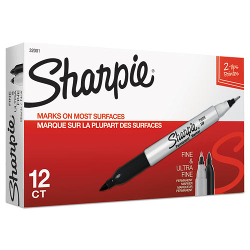 Image of Sharpie® 32001 Twin-Tip Permanent Marker, Extra-Fine/fine Bullet Tips, Black, Dozen