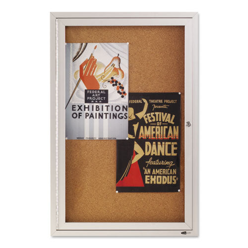 Image of Quartet® 2363 Enclosed Indoor Cork Bulletin Board with One Hinged Door, 24" x 36", Tan Surface, Satin Aluminum Frame