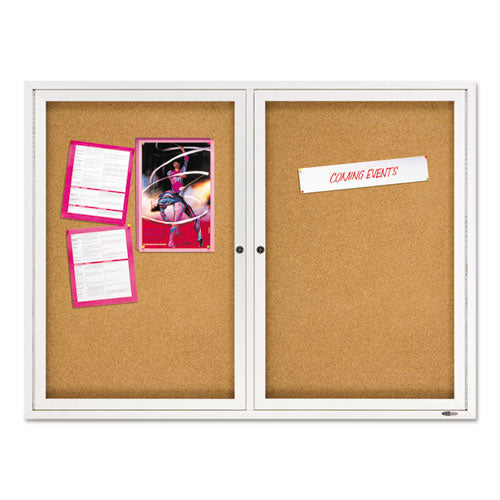 Image of Quartet® 2364 Enclosed Indoor Cork Bulletin Board with Two Hinged Doors, 48" x 36", Tan Surface, Satin Aluminum Frame