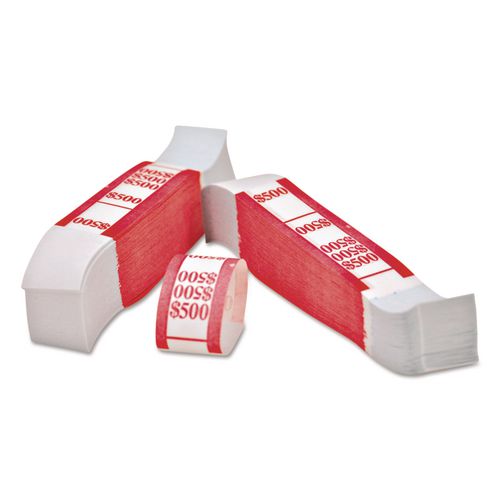 Image of Iconex 55030 Color-Coded Kraft Currency Straps, Self-Adhesive, Fives, $500 Strap, Red/White, 1,000/Pack