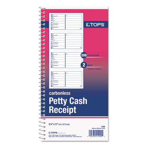 Image of TOPS 4109 Petty Cash Receipt Book, Two-Part Carbonless, 5 x 2.75, 4 Forms/Sheet, 200 Forms Total