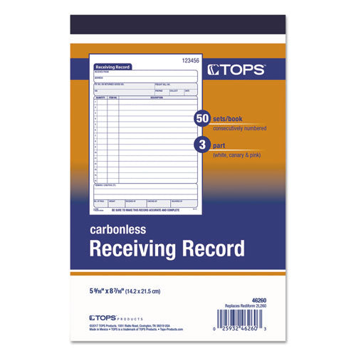 Image of TOPS 46260 Receiving Record Book, Three-Part Carbonless, 5.56 x 7.94, 50 Forms Total