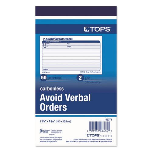 Image of TOPS 46373 Avoid Verbal Orders Manifold Book, Two-Part Carbonless, 6.25 x 4.25, 50 Forms Total