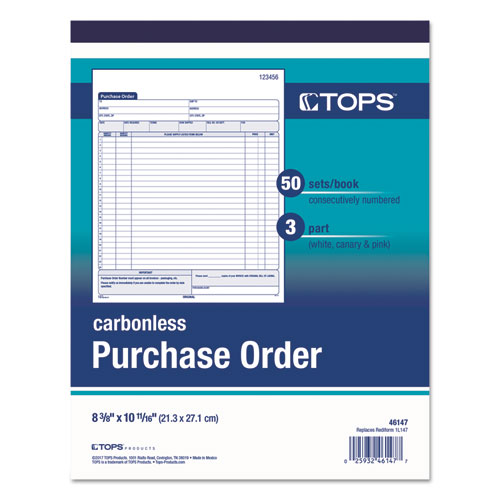 Image of TOPS 46147 Purchase Order Book, 22 Lines, Three-Part Carbonless, 8.38 x 10.19, 50 Forms Total