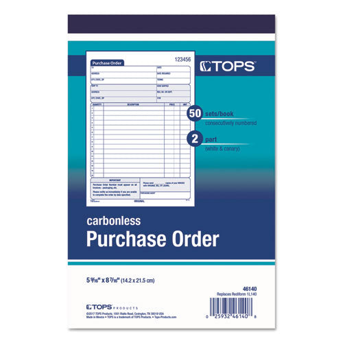Image of TOPS 46140 Purchase Order Book, 12 Lines, Two-Part Carbonless, 5.56 x 8.44, 50 Forms Total