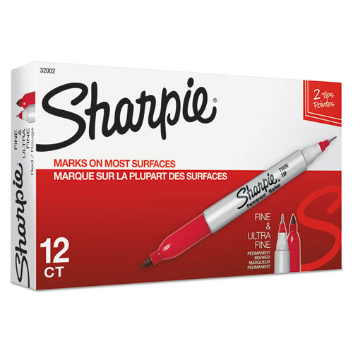 Image of Sharpie® 32002 Twin-Tip Permanent Marker, Extra-Fine/fine Bullet Tips, Red, Dozen